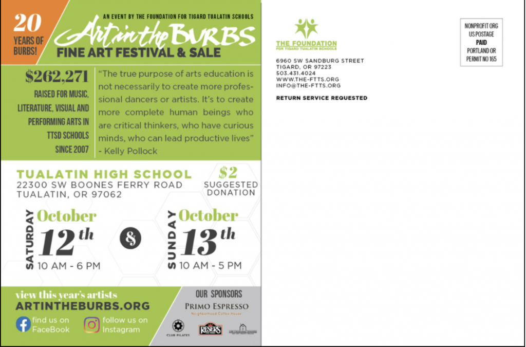 Art in the Burbs 2019 back of postcard